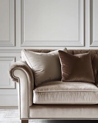 A close-up of a plush beige velvet sofa with two pillows.