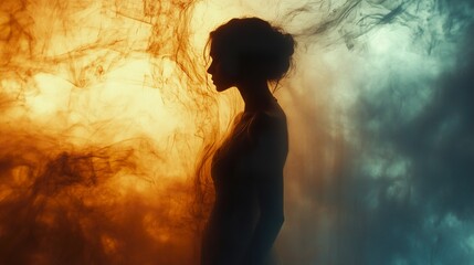 Wall Mural - Silhouette of a Woman in Smoke and Haze - Artistic Photography