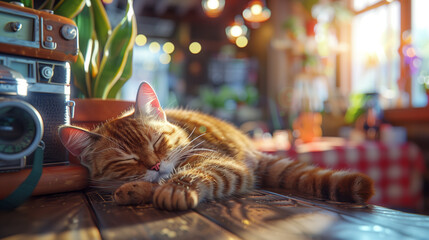 A cat is sleeping on a wooden table. The cat is laying on its back with its paws on its stomach