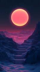 Canvas Print - Surreal Landscape with Pink Moon and Steps