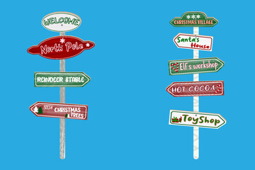 north pole signs christmas wooden direction arrows boards with snow caps vector illustration isolate