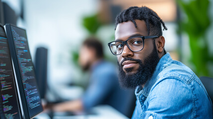 A modern tech office showcases a diverse group of developers. The main focus is on a bearded Black software engineer, wearing glasses and a denim shirt, working intently at his sta