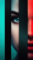 Wall Mural - Artistic portrait of a woman's face partially obscured by dark bars, featuring a blue eye and red lighting effect against a teal background.