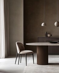 A single chair sits at a modern oval dining table with a brown pillar base, in a minimalist room with neutral tones and two pendant lights.