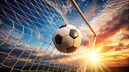 As the sun sets, a soccer ball finds the net in an open field, capturing the excitement of the evening match. The sky is filled with stunning colors