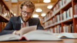 © photo for everything - American Student Studying in the Library Wearing a Suit | Focused Academic Preparation in a Professional Setting
