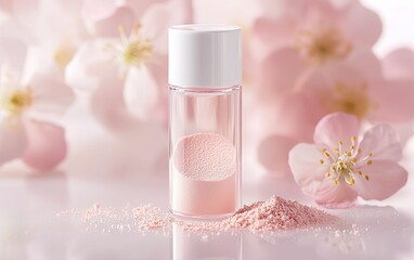 Delicate pink powder in glass container surrounded by soft blooming flowers on a bright surface