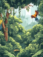 Lush jungle foliage with two colorful parrots perched on a tree and one flying above with a glimpse of skyscrapers in the background.