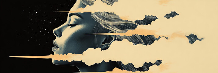 Poster - A woman's face is partially obscured by clouds in this surreal digital artwork.