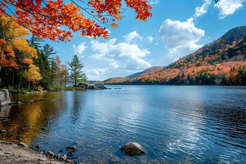 Wall Mural - Serene Autumn Landscape by the Lake with Vibrant Foliage and Clear Blue Skies