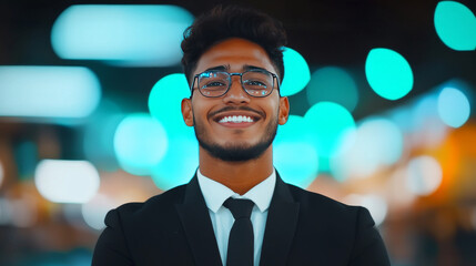 Canvas Print - Smiling young man in a suit and glasses against a bokeh background of city lights.