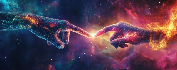 a cosmic connection between two hands, symbolizing creation and unity amidst a vibrant galaxy, mergi