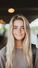 Wall Mural - Young woman with long blonde hair smiles at the camera.