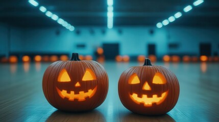 1970s Halloween roller disco, spooky costumes, glowing jack-o'-lanterns, and eerie music playing