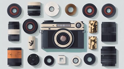 Vintage camera with various lenses, filters, and accessories.