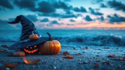 Sticker - Halloween themed beach and ocean scene featuring a witch hat and pumpkins