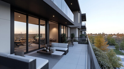 Poster - Modern balcony with a view of the city skyline and trees.