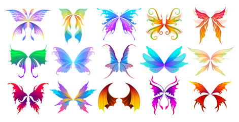 Sticker - Fairy wings. Colored fantasy body parts of birds or butterfly creatures recent vector beautiful fairy wings