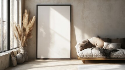 Wall Mural - Modern interior with a low wooden bed, comfortable cushions, a large blank frame against a wall, dried pampas grass in a vase