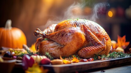 A close-up of a roasted turkey, golden and steaming, with herbs and surrounded by side dishes on a rustic wooden table. Background, blurred fall-themed decorations adding to the Thanksgiving vibe.