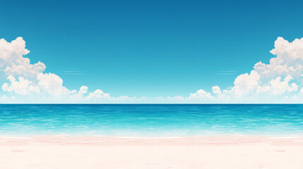 Poster - Tranquil beach scene with a bright blue sky and fluffy white clouds. Perfect for a relaxing day in the sun.