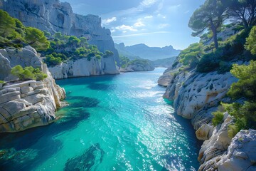 Wall Mural - Serene Coastal Landscape with Turquoise Waters and Rocky Cliffs