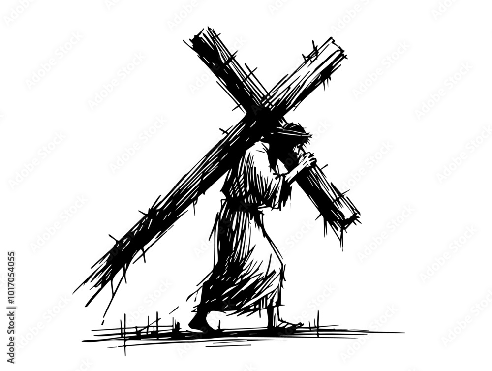jesus christ carrying the cross illustration in hand-drawn sketch style ...