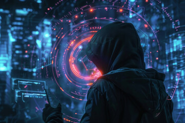 Wall Mural - a man in a hoodie is looking at a computer screen with a blue background