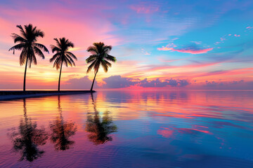 Wall Mural - A beautiful sunset over the ocean with three palm trees in the foreground