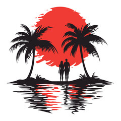 tropical palm trees at sunset, Landscape of the sunset moment with palm tree, silhouette of palm trees