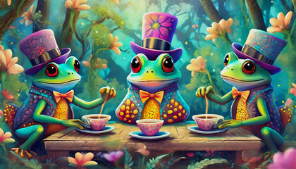 Poster - oil painting style cartoon character illustration multicolored portrait frogs with top hats Having Tea