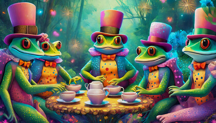 Poster - oil painting style cartoon character illustration multicolored portrait frogs with top hats Having Tea