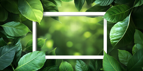 White square frame on leaves background, advertising concept on green eco background. fresh leaves. nature. fashionable stylish minimalist poster