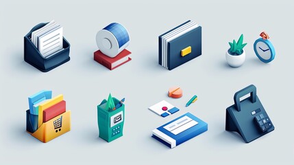 Poster - An assortment of vibrant office supplies arranged neatly, featuring folders, a clock, books, and a plant, showcasing workspace organization. Generative AI