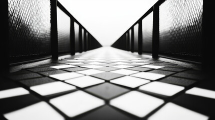 Poster - Black and white checkered floor leads to a bright, open space.