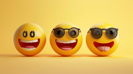 Poster - Three cheerful emojis display joyful expressions while wearing sunglasses, set against a vibrant yellow backdrop highlighting happiness. Generative AI