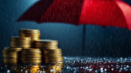 Stack of coins under red umbrella in rainy weather, financial protection concept, insurance and risk management, security for investments, wealth preservation in stormy conditions