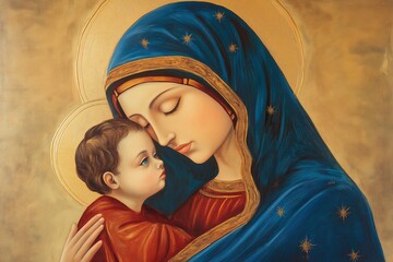 Religious Art Depicting Virgin Mary Holding Child Close with Blue Robe and Gold Halo, Motherhood Devotion Concept