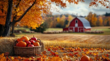 A peaceful countryside landscape during autumn, with a red barn, haystacks, and trees full of colorful fall leaves. There's a basket full of apples and pumpkins.