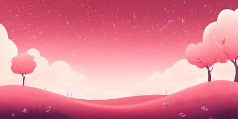 Pink Cute Landscape Illustration with Stars for Children's Design