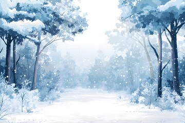 3D render of a snowy winter tree landscape Trees covered with hoarfrost and snow and blue sky in mountains - Christmas background