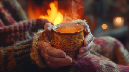 Elderly hands holding a warm cup of tea in a cozy, colorful sweater by the fire. comfort, warmth, and relaxation during colder seasons.