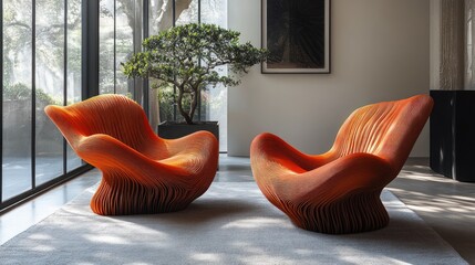 Two modern orange armchairs in a living room with a large window and a potted bonsai tree.