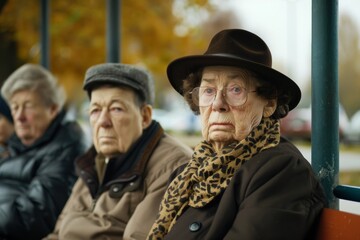 Poster - Portrait of an elderly woman in a hat and a coat sitting on a bus.