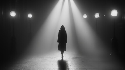 Noir Woman Walking in Cinematic Black and White Urban Scene