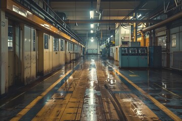 Poster - Industrial Warehouse Interior with Reflections and Dim Lighting