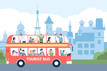 Tourists in seesighting bus tour. City excursion on red bus, travellers looking around on different buildings and sightseeing with speaker, recent vector scene