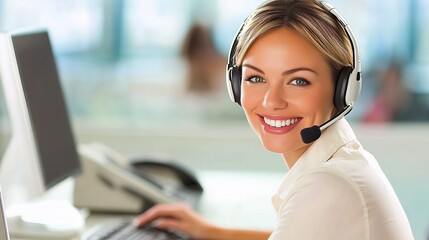 A friendly customer service representative is smiling while wearing a headset, actively engaging with clients at her desk in a bright office environment