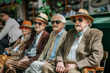 Sticker - Group of old men in traditional clothes and hats sitting on the bench in Prague.