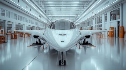 A white, futuristic, electric plane in a hangar, waiting for its maiden flight.